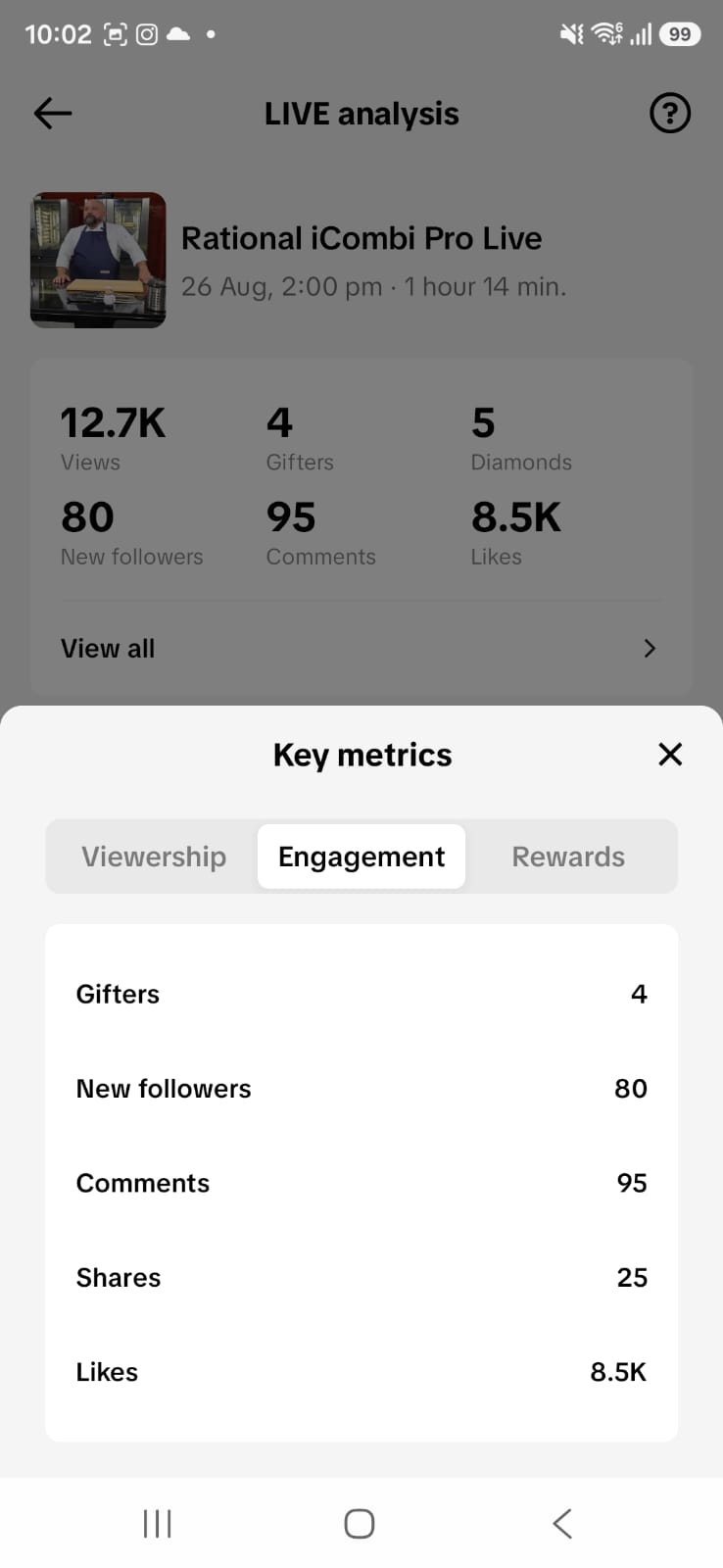 TikTok Live — engagement metrics, 8.5K likes and 80 new followers