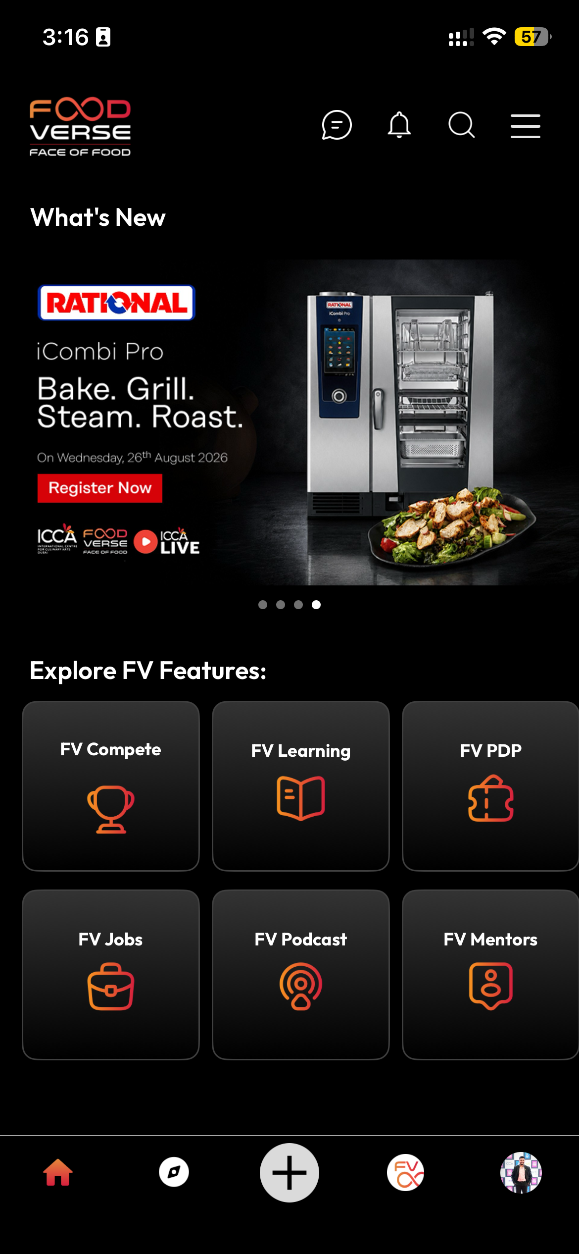 Foodverse app homepage — RATIONAL iCombi Pro banner ad in the What's New carousel
